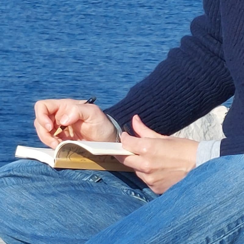 Mains écrivant dans un carnet face à la mer par Gaëlle Pério